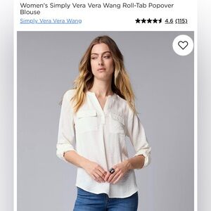 NWT- Simply Vera Vera Wang- Ivory roll tab sleeve split neck popover blouse (L)